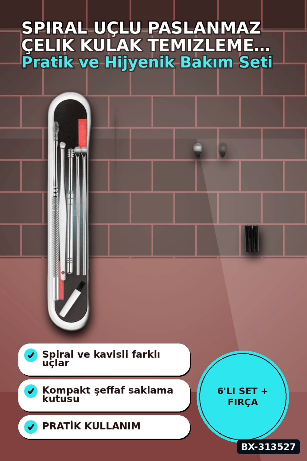 Spiral Uçlu 6'lı Paslanmaz Çelik Kulak Temizleme Seti - Taşınabilir Bakım Aleti BX-313527