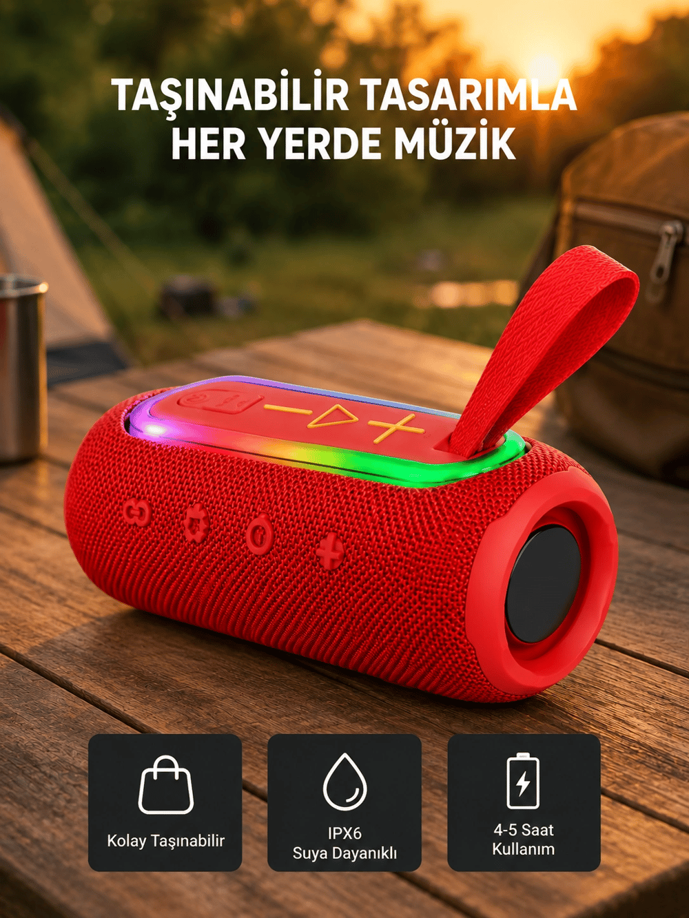 Taşınabilir Mini Bluetooth Hoparlör Güçlü Ses ve Şık Kırmızı Tasarım