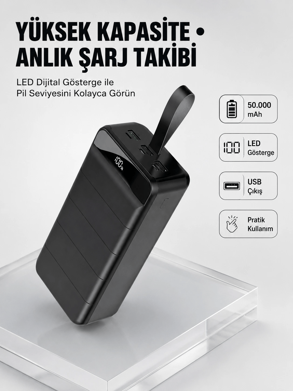 Tüm Cihazlarla Uyumlu 50.000 mAh Powerbank – Yüksek Kapasiteli, LED Gösterge ve Akıllı Koruma Fonksiyonlu