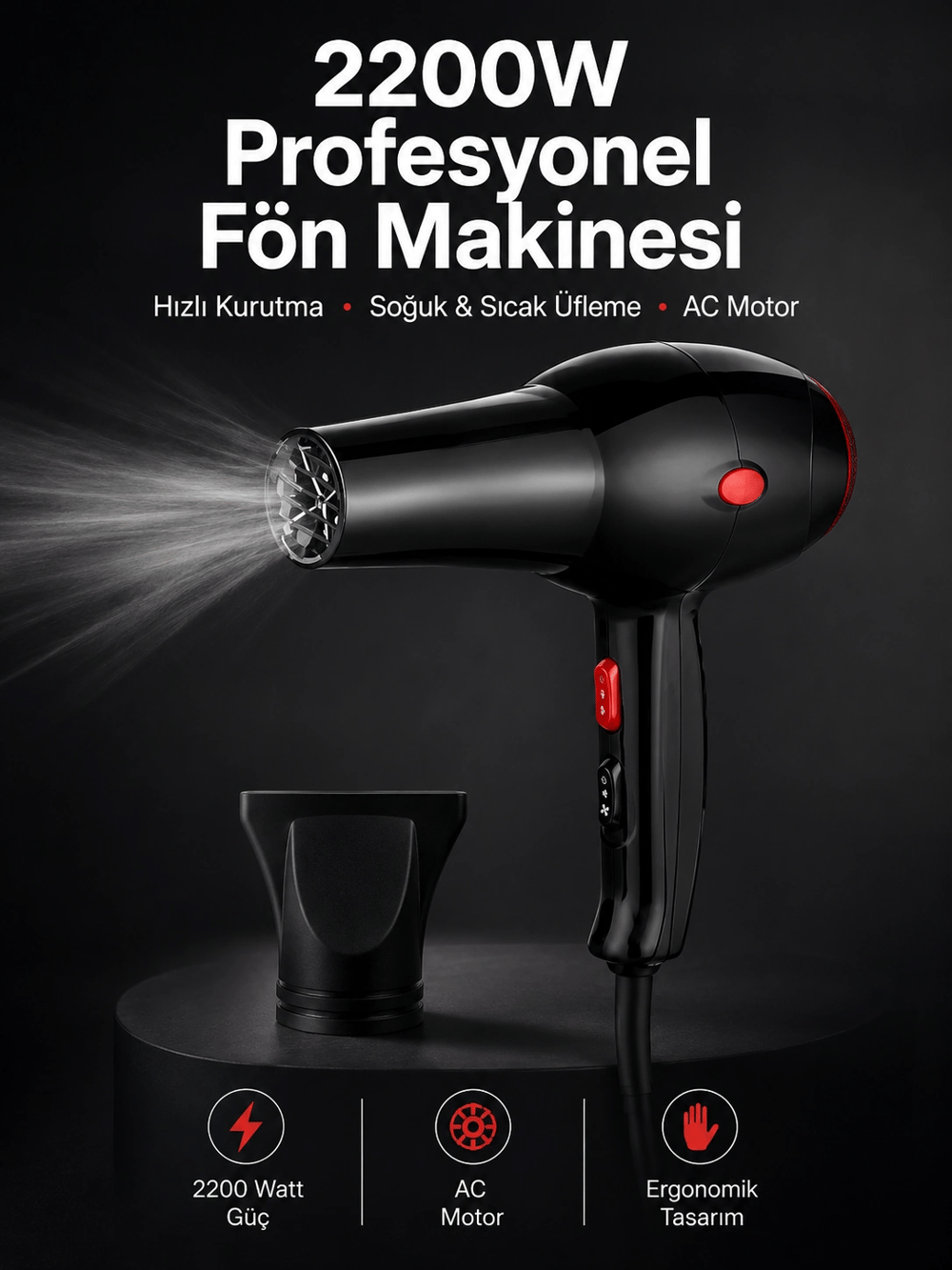Tüm Saç Tiplerine Uygun, İki Kademeli Hız Ayarlı Fön Makinesi