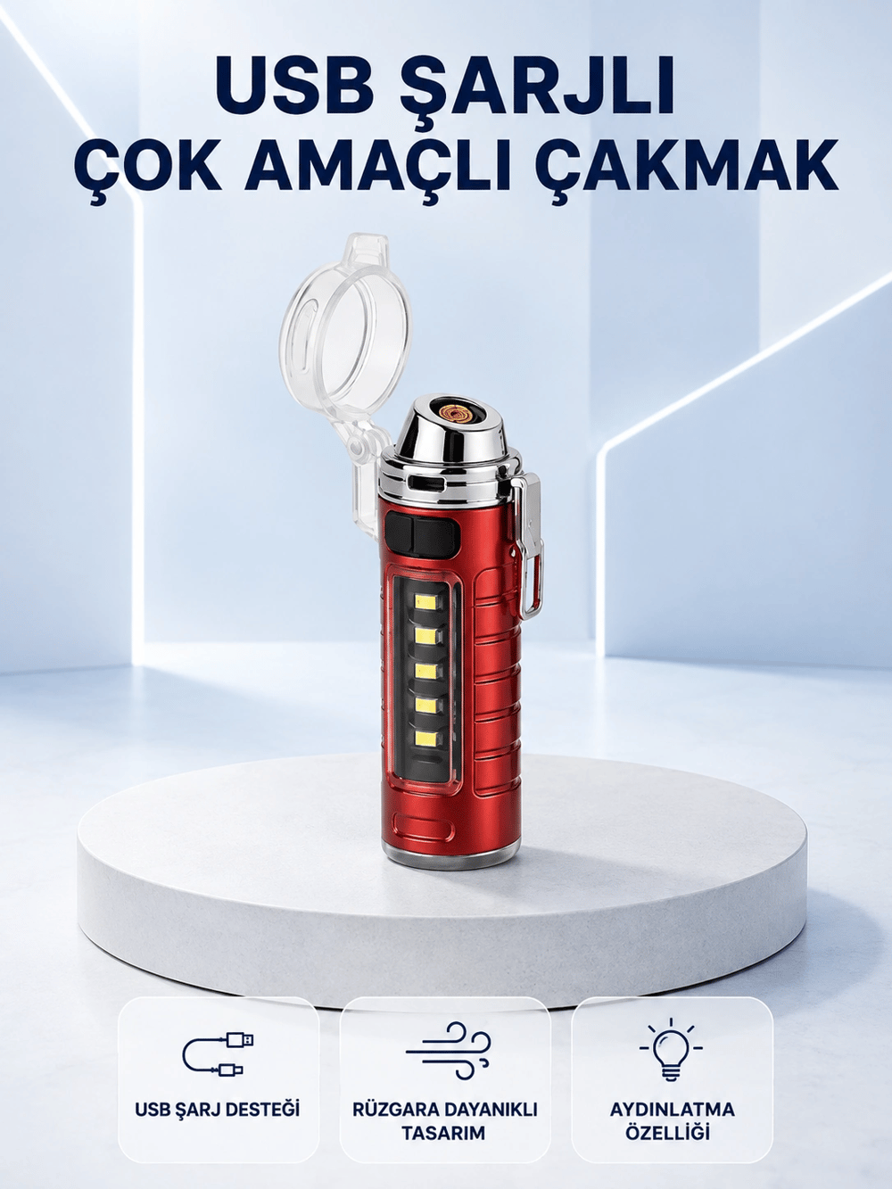 USB Şarjlı Rüzgar Geçirmez Elektrikli Çakmak El Fenerli