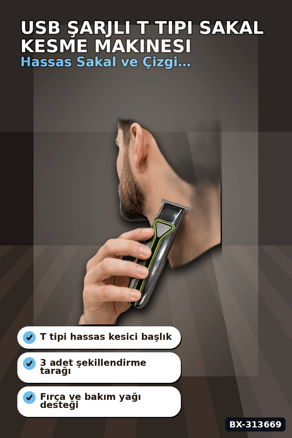 USB Sarjli T Tipi Bicakli Sac Sakal Kesme Makinesi 3 Tarakli Profesyonel Erkek Traas BX-313669