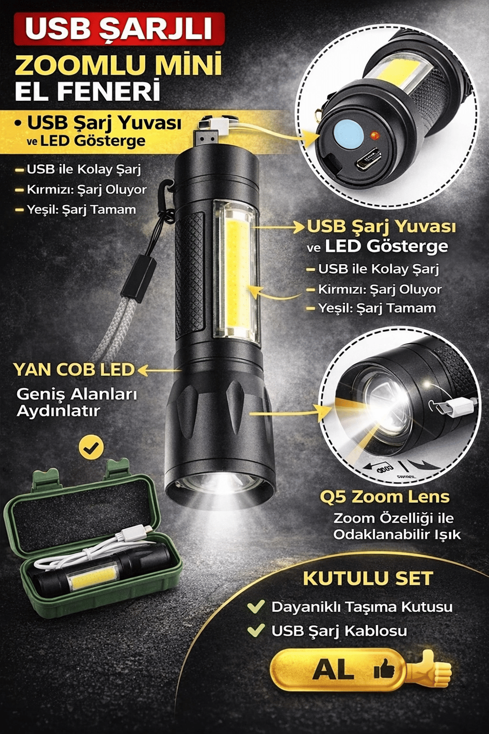 USB Şarjlı Zoomlu Mini El Feneri Q5 Güçlü Işık Yan COB LED SOS Mod Kutulu Taşınabilir