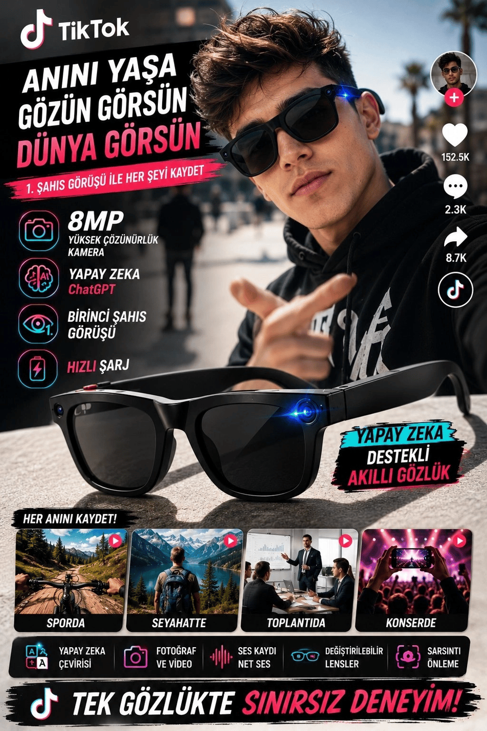 Yapay Zeka Asistanlı 8MP Kameralı Akıllı Gözlük ChatGPT Destekli Fotoğraf ve Video Kayıtlı