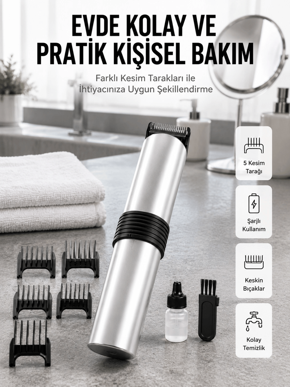 Yeni Nesil Profesyonel Şarjlı Saç Sakal Tıraş Makinesi Ayarlanabilir 4 Taraklı