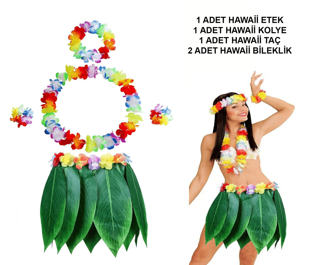 Yetişkin Hawaii Kostüm Seti - Yaprak Etek &amp; Hawaii Set - 5 Parça Bx40