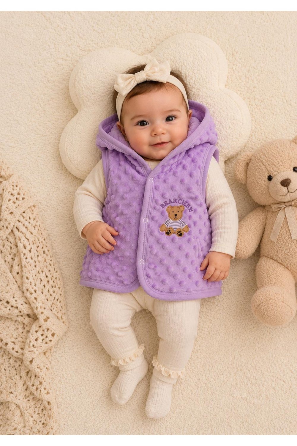 Bebek Kapüşonlu Yelek Nohut Kabartmalı İçi Peluş Yelek