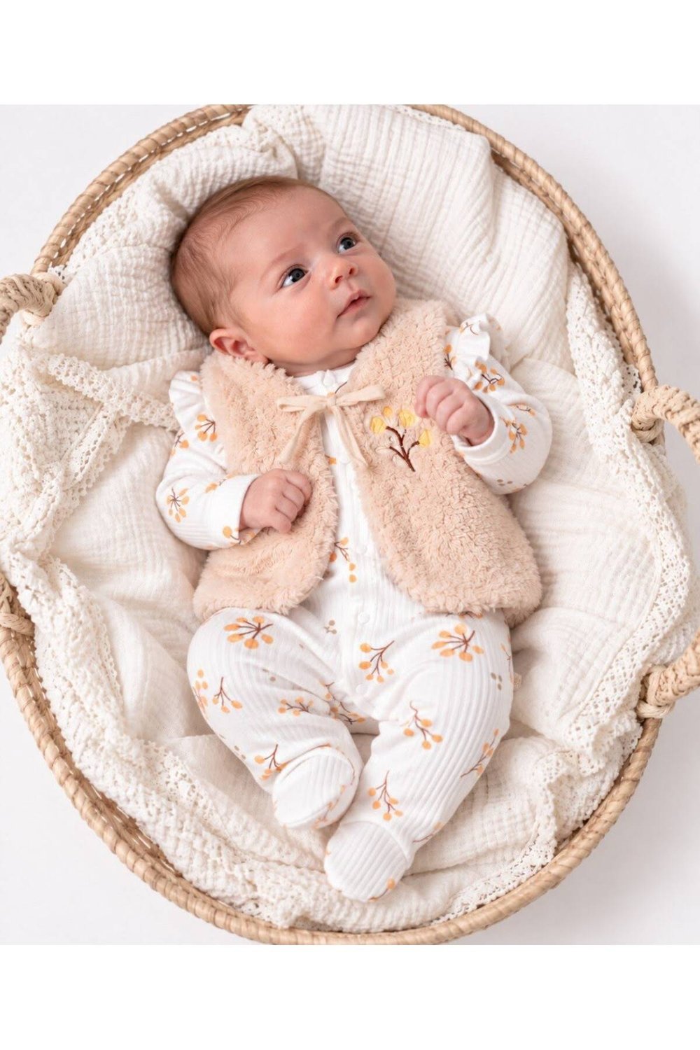 Çiçekli Peluş Yelekli Kız Bebek Takım