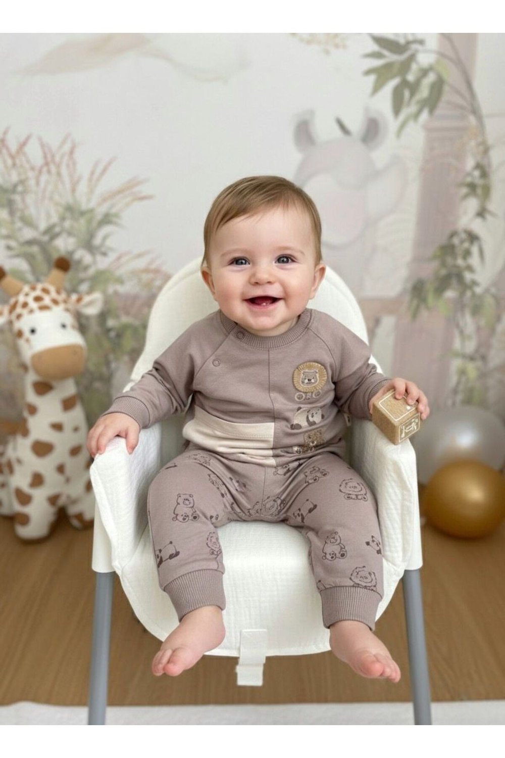 Erkek Bebek Kahverengi Junkle Nakışlı 2li Takım