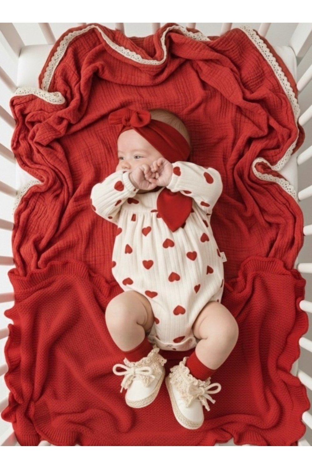 Kız Bebek Kalpli Bandana Çorap 3lü Set Romper