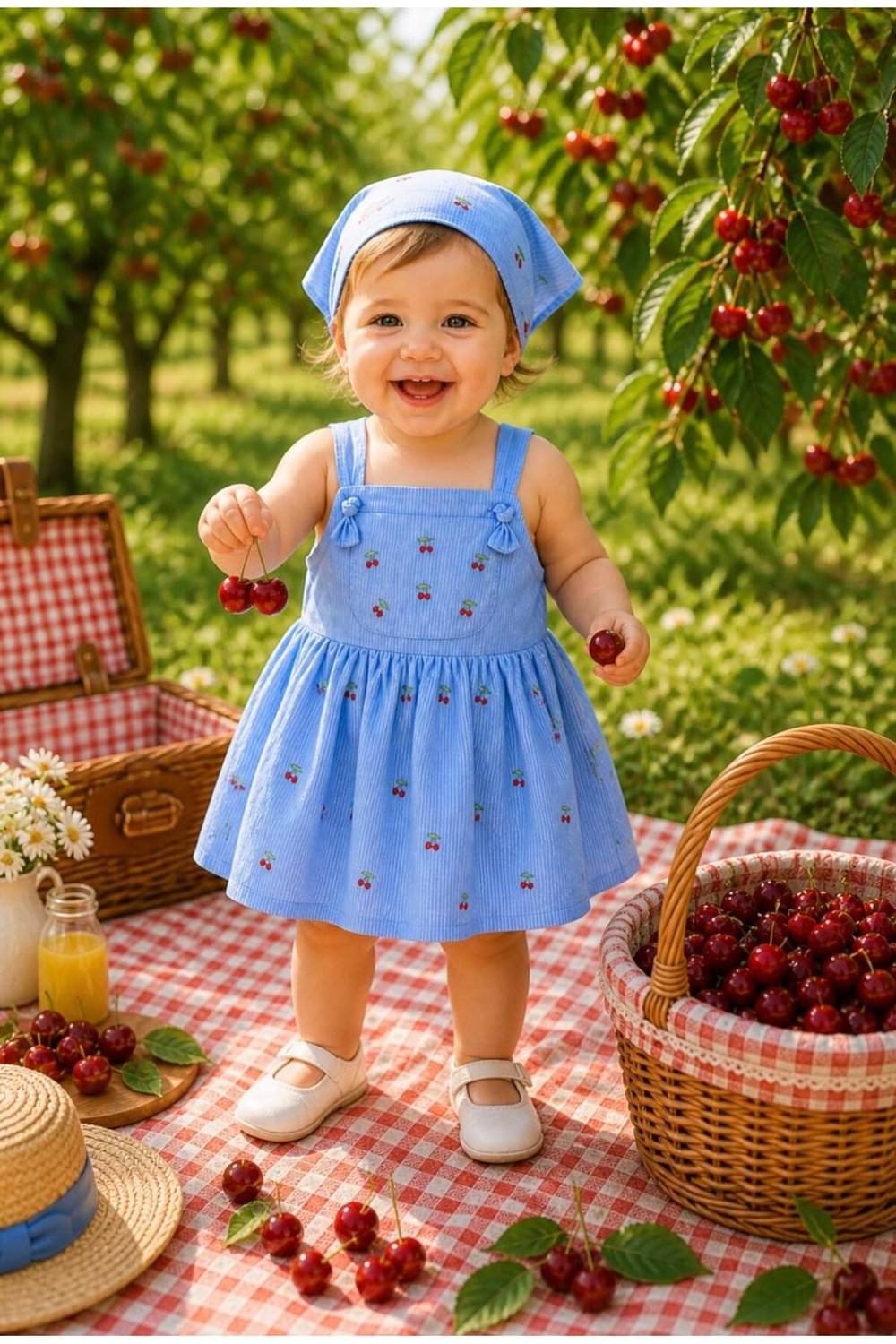 Kız Bebek Kiraz Desenli Çıtçıtlı Askılı Elbiseli Tulum & Bandana Set
