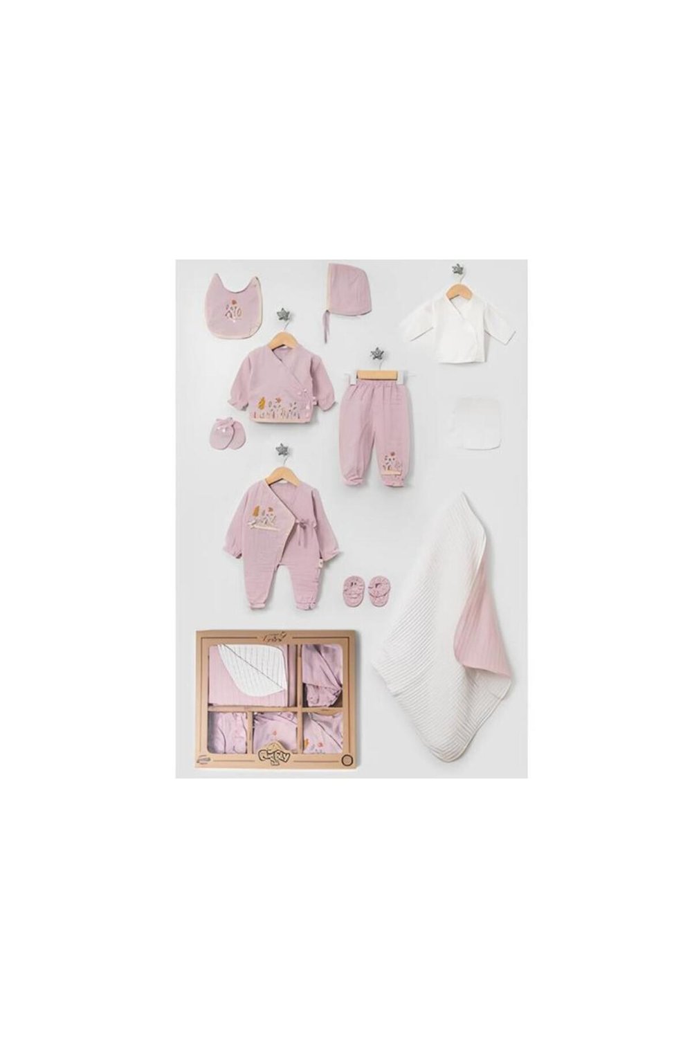 Kız Bebek Organik Pamuklu Çiçek Nakışlı Müslin 10'lu Takım Hastane Çıkışı Yenidoğan 0-3ay