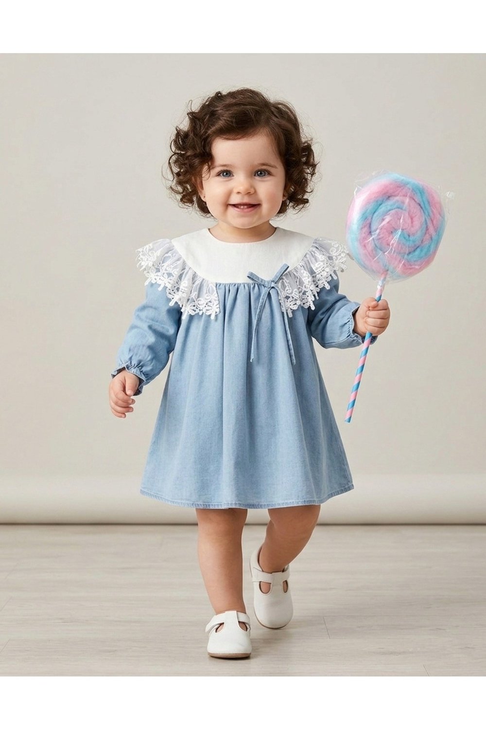 Mavi Uzunkol Denim Kot Natural Kız Bebek Elbisesi