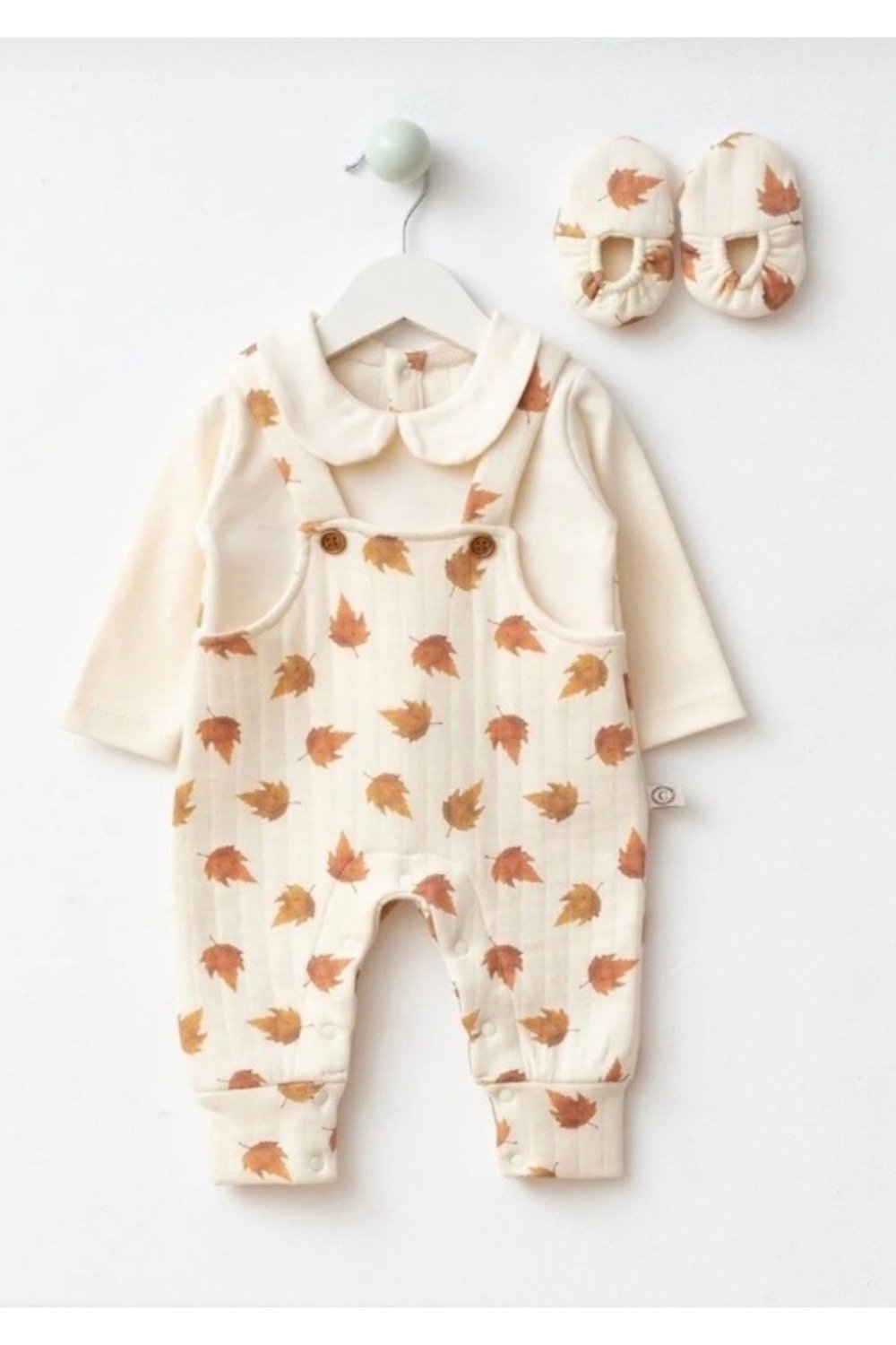 Unisex Bej Yaprak Desen Kapitoneli Patikli Salopet 2li Takım
