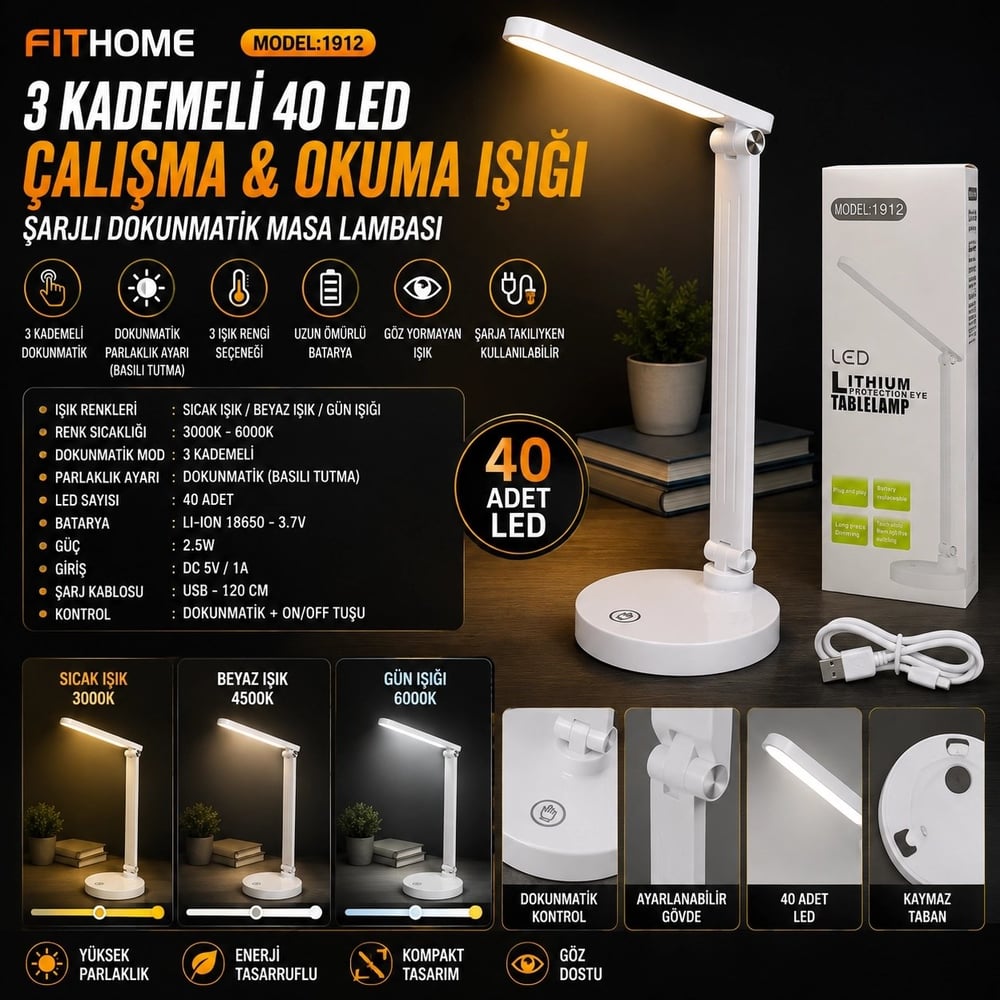 3 Kademeli 40 Led Çalışma Okuma Işığı Şarjlı Dokunmatik Çalışma Masa Lambası Altın - Çok Renkli