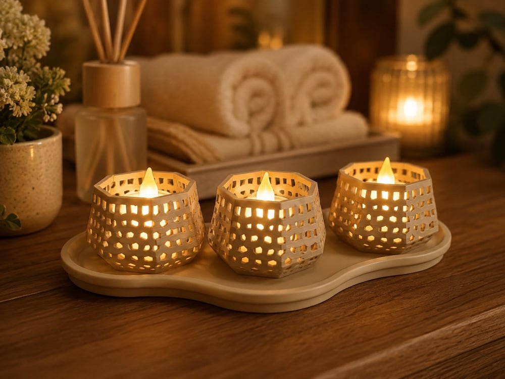 3d Baskı Dekoratif Mumluk Seti - Desenli Tealight Ve Masaüstü Aydınlatma Objesi-bej Çok Renkli