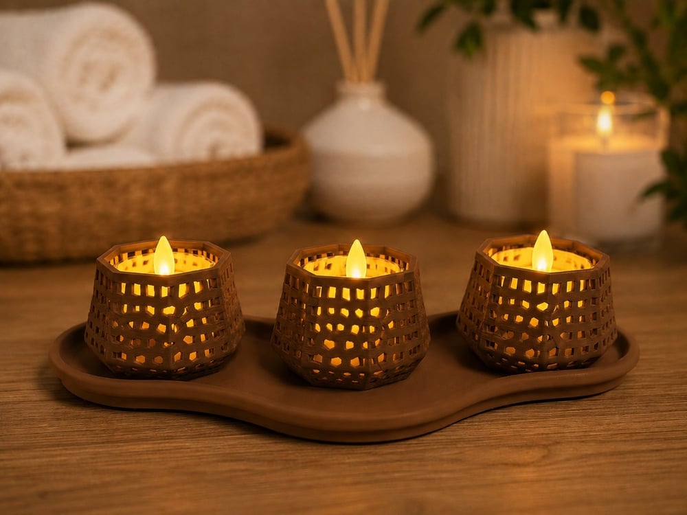 3d Baskı Dekoratif Mumluk Seti - Desenli Tealight Ve Masaüstü Aydınlatma Objesi-kahverengi Çok Renkli
