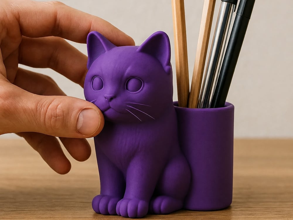 3d Baskı Kedi Figürlü Kalemlik - Masaüstü Organizer - Mor Çok Renkli