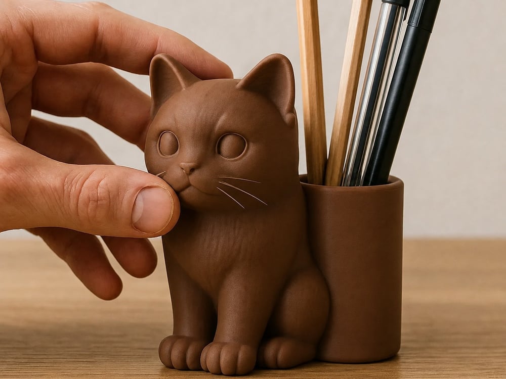3d Baskı Kedi Figürlü Kalemlik - Masaüstü Organizer - Kahverengi Çok Renkli