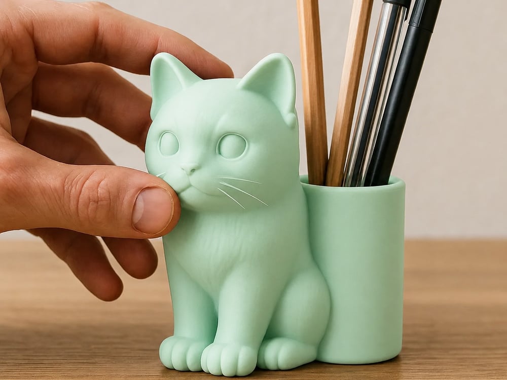 3d Baskı Kedi Figürlü Kalemlik - Masaüstü Organizer - Mint Çok Renkli
