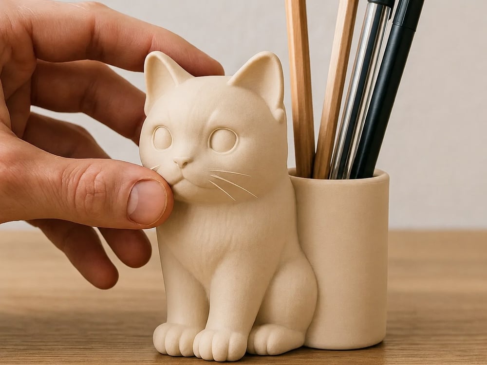 3d Baskı Kedi Figürlü Kalemlik - Masaüstü Organizer - Bej Çok Renkli