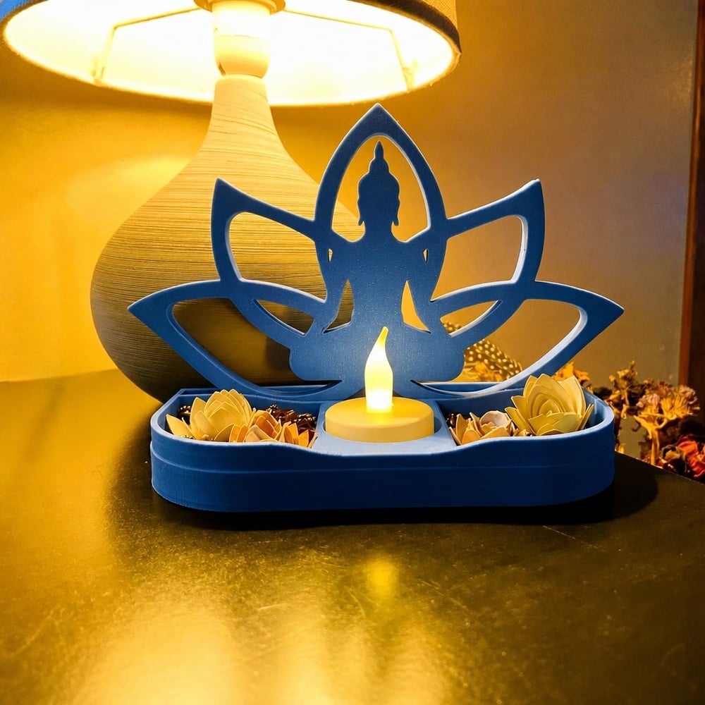 3d Baskı Lotus Buda Mumluk - Dekoratif Tealight Mumluk-mavi Çok Renkli
