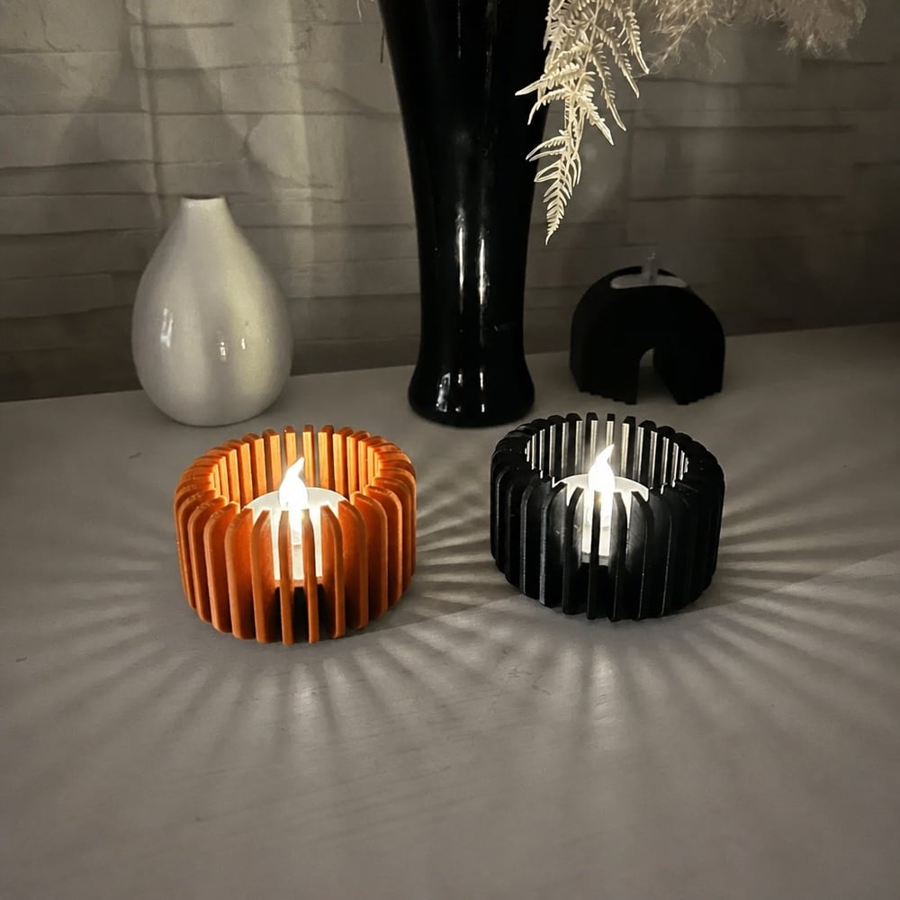 3d Baskı Modern Çizgili Mumluk - Tealight Mumluk 1 Adet -turuncu Çok Renkli