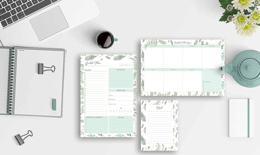 3'lü Yaprak Desenli Masaüstü Planlayıcı Set Çok Renkli