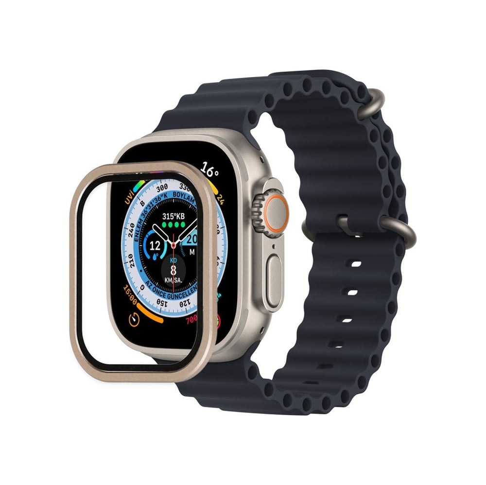 Apple Watch Ultra 49mm Uyumlu Alüminyum Kasa Cam Ekran Koruyucu - Gold Diğer