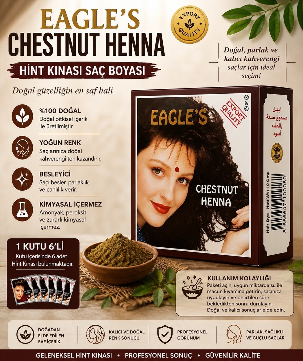 Chestnut Henna Hint Kınası Saç Boyası Kestane Renk 6 Lı Kutu Doğal Görünümlü Saç Boyası 0