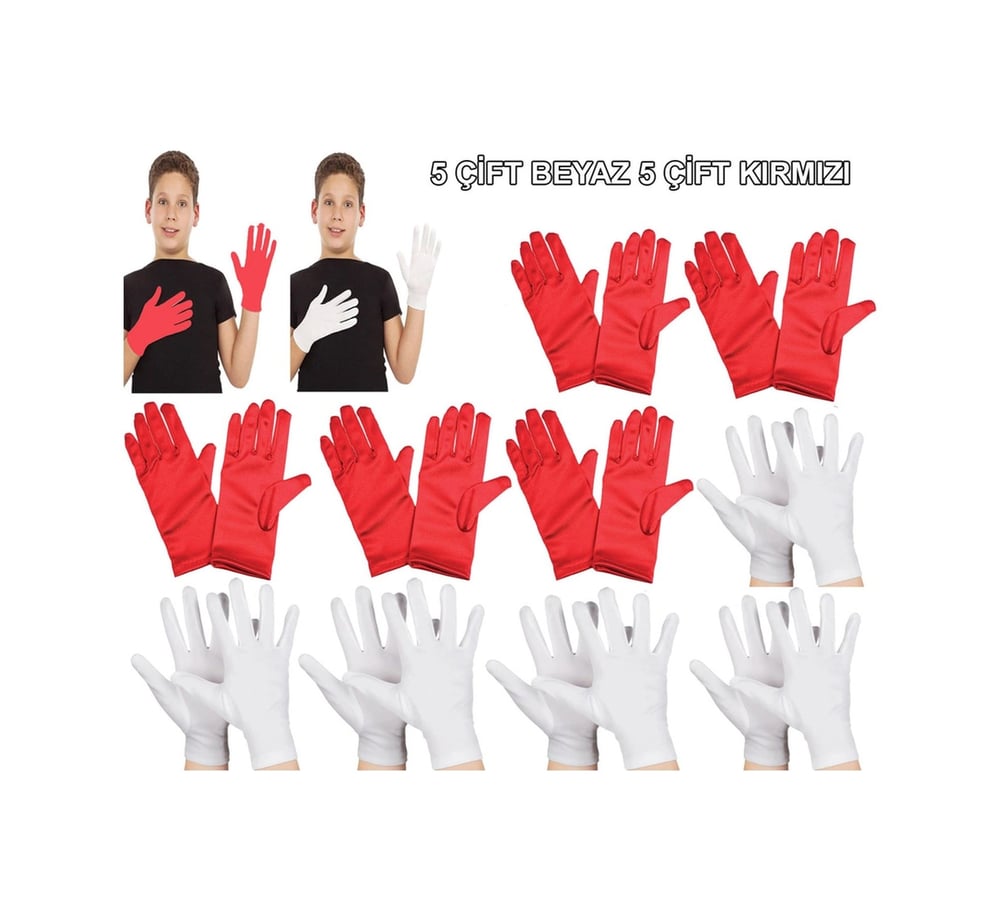 Çocuk Gösteri Eldiven Seti 5 Çift Beyaz & 5 Çift Kırmızı