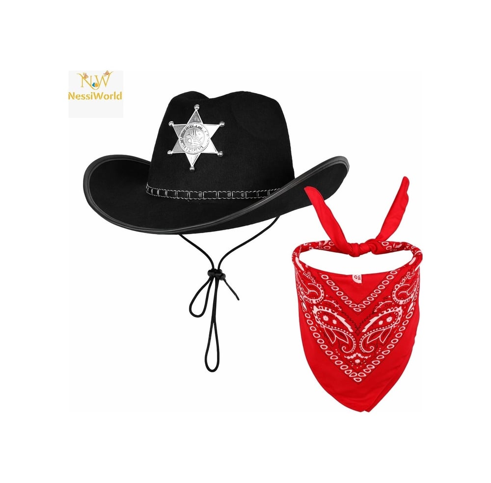 Çocuk Kovboy Şapka Rozetli Siyah & Kırmızı Bandana Seti