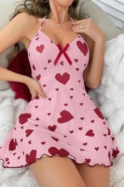 Kadın Pembe Kırmızı Kalp Desenli Askılı Sırt Dekolteli Elbise 5064 S - M