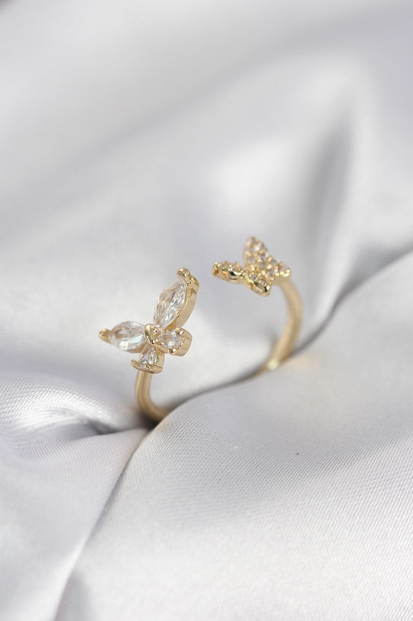 Kelebek Model Zirkon Taşlı Gold Renk Kadın Yüzük Altın - Çok Renkli