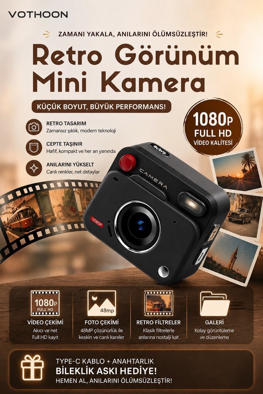 Nostaljik Tasarımı Retro Görünüm Kare Mini Foto Video Kamera 1080p Full Hd 32gb Kart Hediyeli Çok Renkli