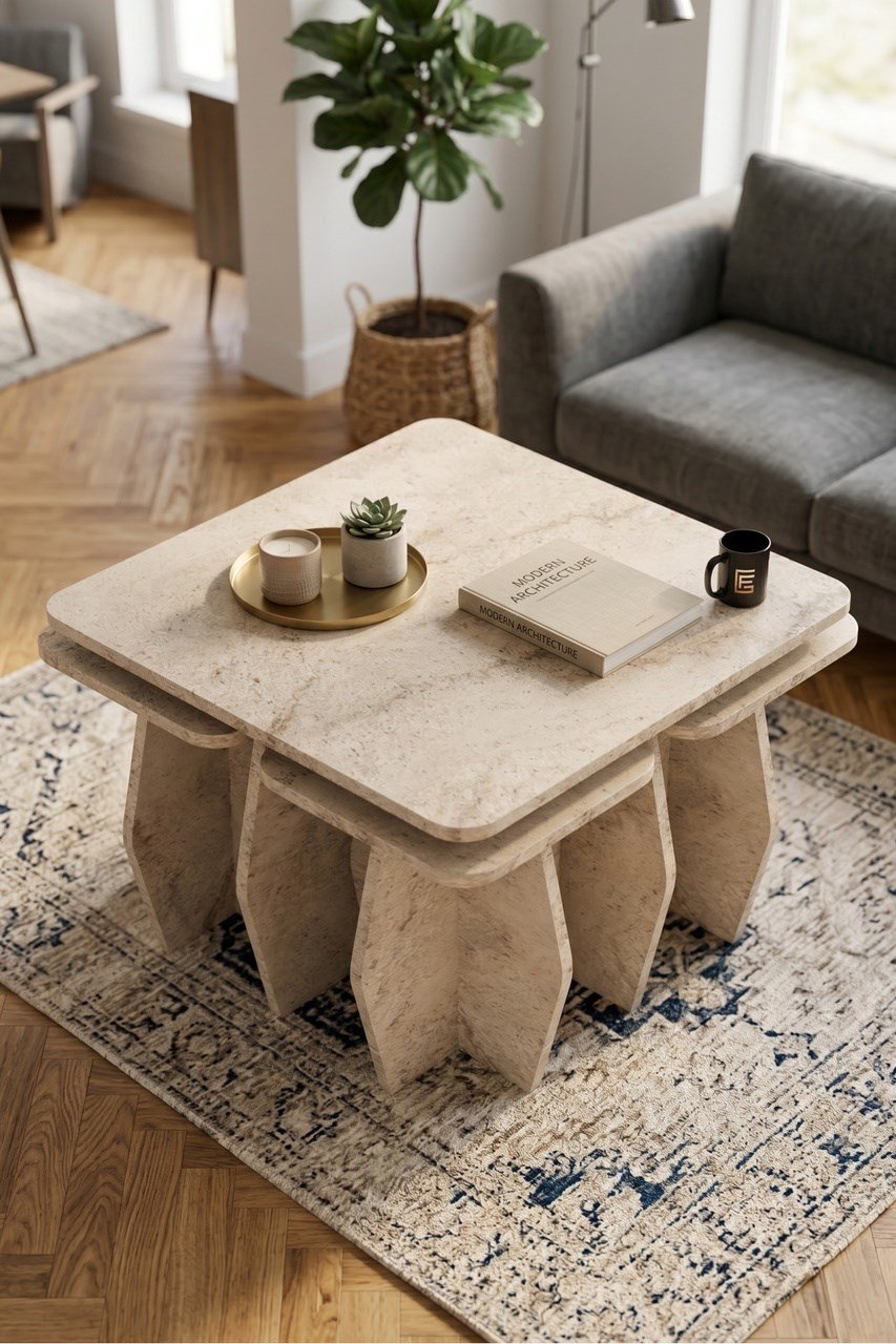 Orta Sehpa Ve Zigon Sehpa 5'li Set Modern Çok Amaçlı Salon Oturma Odası Yan Sehpa 9249 Traverten Çok Renkli