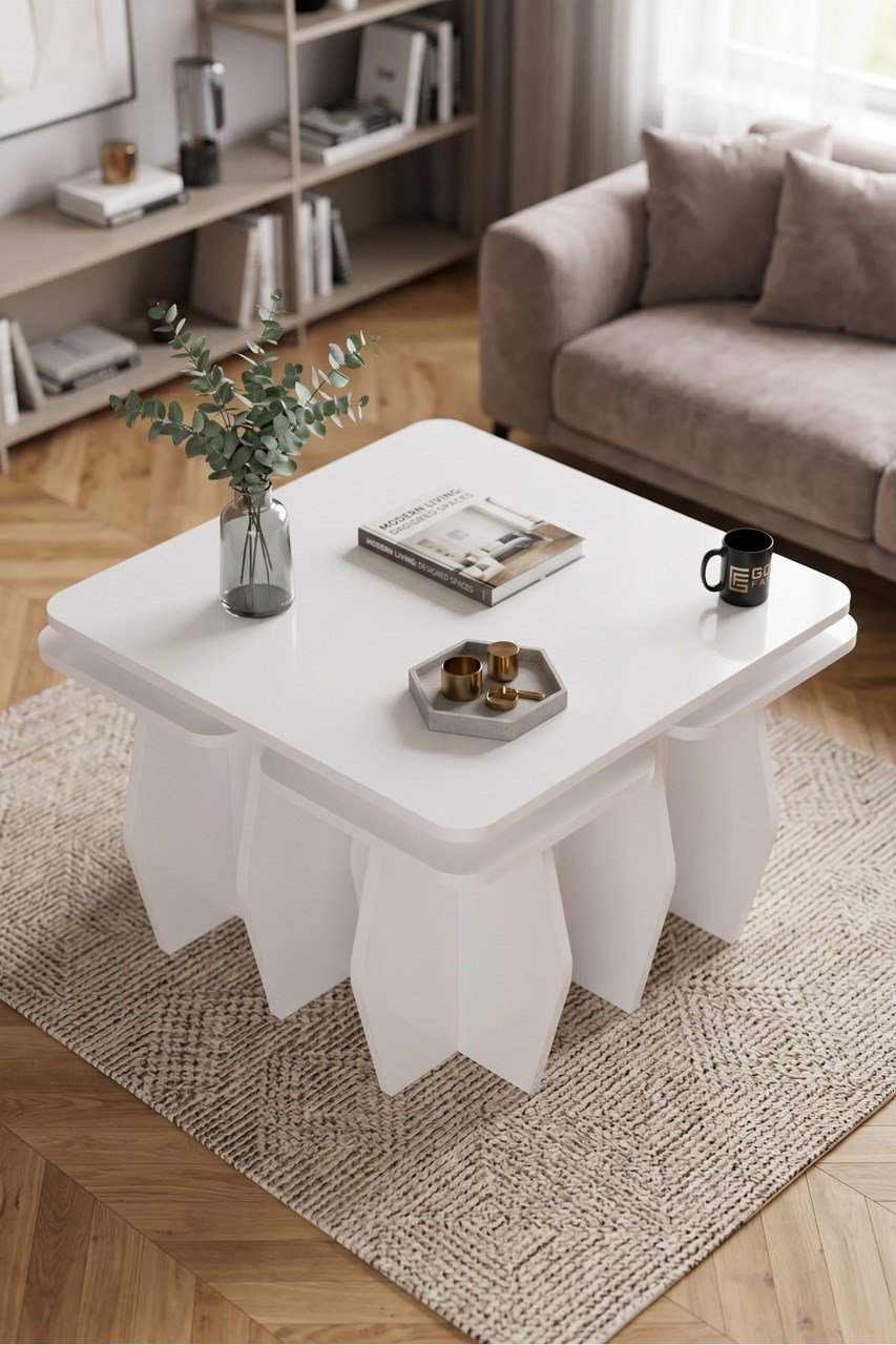 Orta Sehpa Ve Zigon Sehpa 5'li Set Modern Çok Amaçlı Salon Oturma Odası Yan Sehpa 9247 Beyaz Çok Renkli