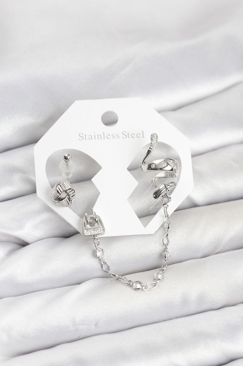 Pirinç Gümüş Renk Yılan Model Zincir Bağlantılı Ear Cuff Küpe Seti Diğer