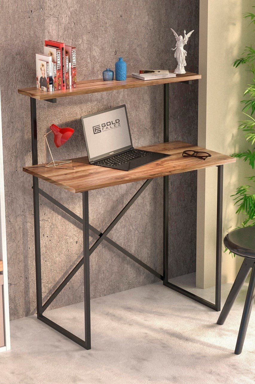 Raflı Çalışma Masası Ceviz Çok Renkli