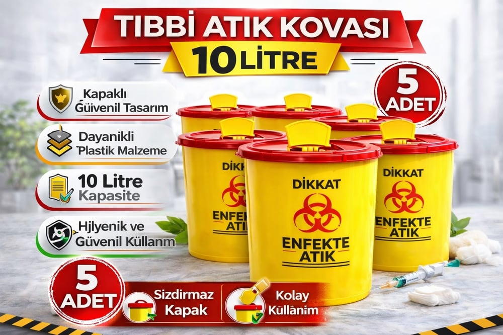 Tıbbi Atık Kovası 10 Litre 5 Adet Kapaklı Tıbbi Atık Kutusu Enfekte Atık Kovası Seti Siyah
