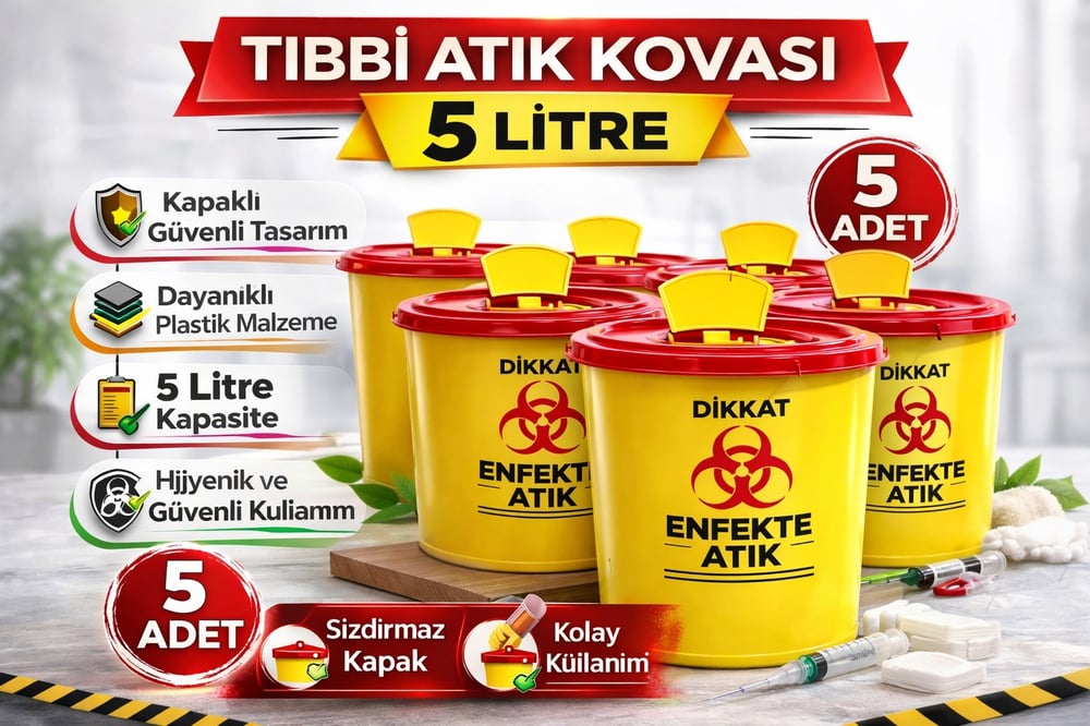 Tıbbi Atık Kovası 5 Litre 5 Adet Kapaklı Tıbbi Atık Kutusu Enfekte Atık Kovası Siyah