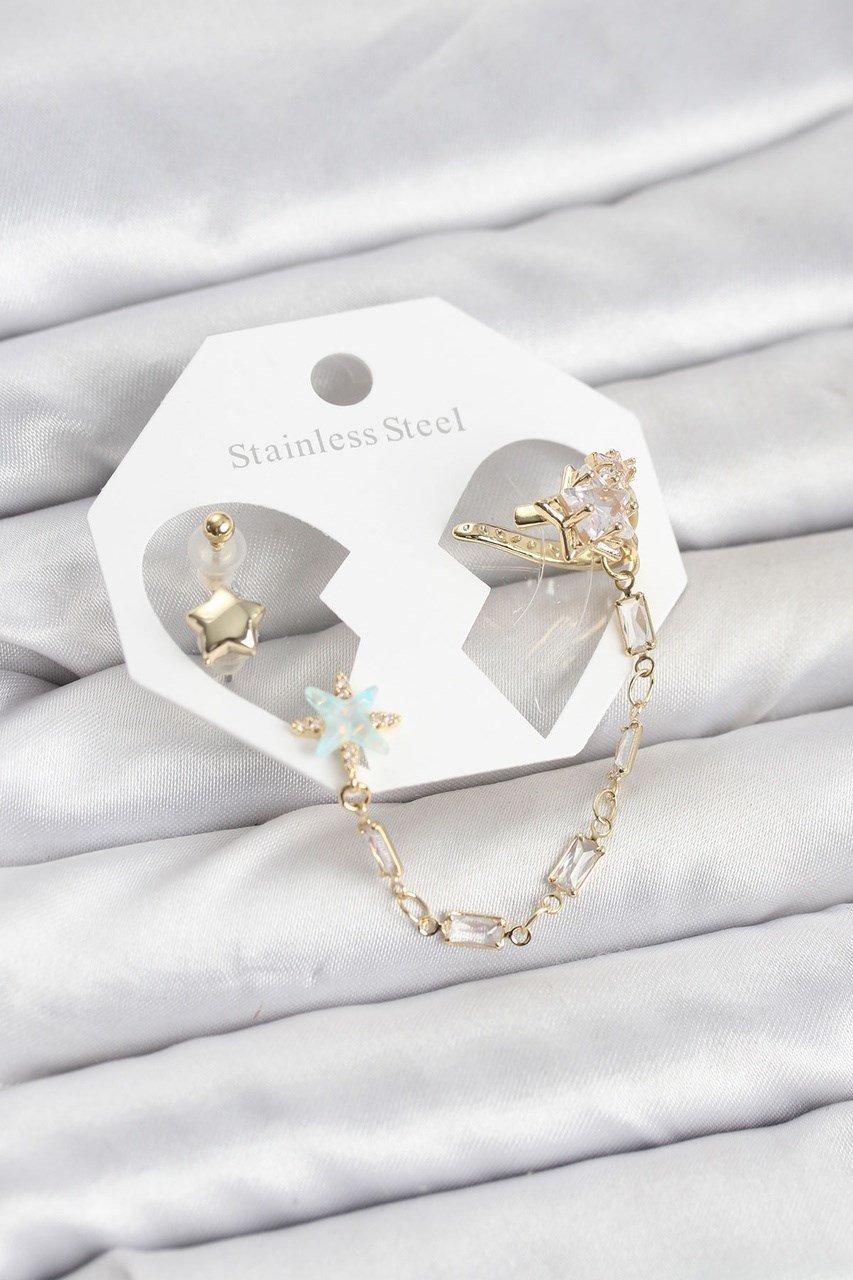 Yıldız Model Pirinç Gold Renk Zincir Bağlantılı Ear Cuff Küpe Seti Diğer