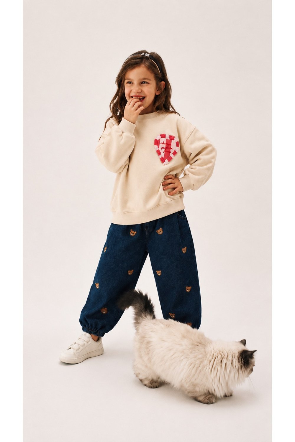 Milo+Sol Çocuk Unisex Ayıcık Nakışlı Denim Jean Balon Pantolon