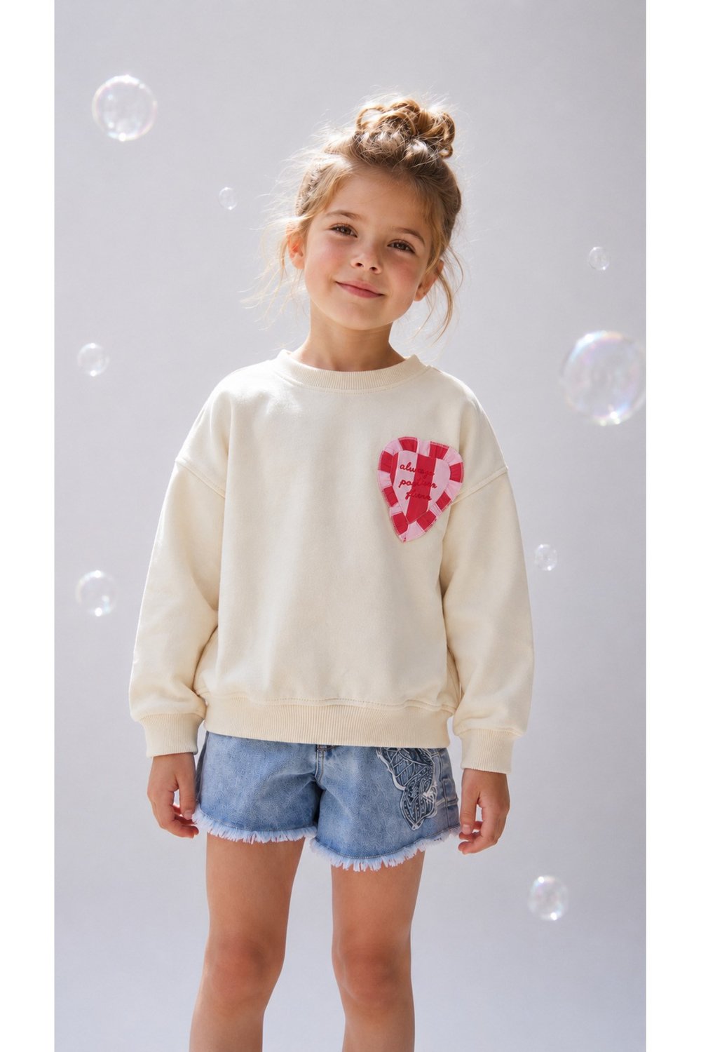 Milo+Sol Kız Çocuk Ekru Kalp Detaylı Pamuklu Oversize Sweatshirt
