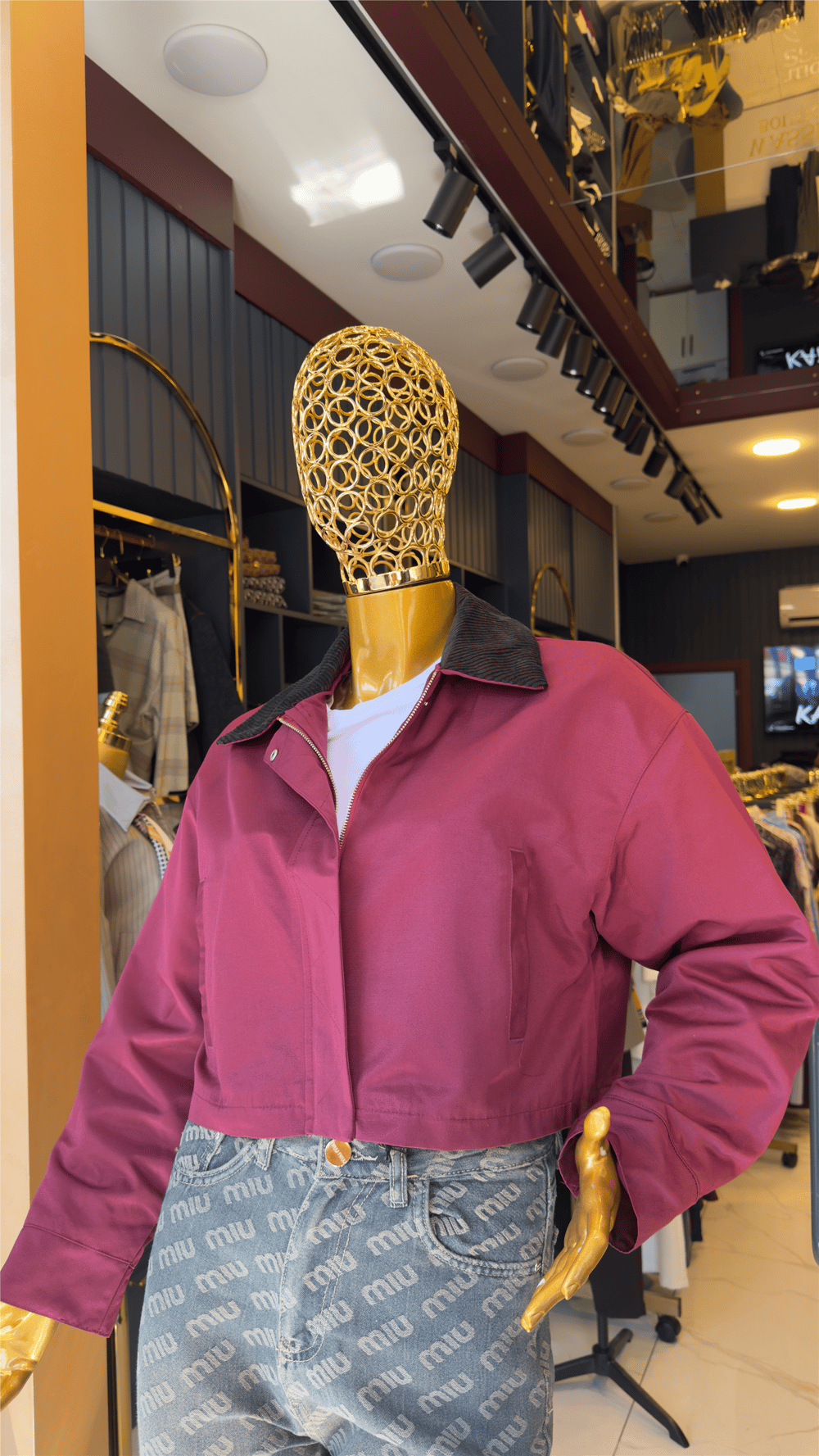 BORDO KADİFE YAKA CROP CEKET
