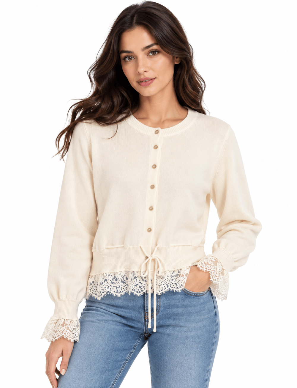 EKRU DANTEL DETAYLI BELİ İPLİ HIRKA