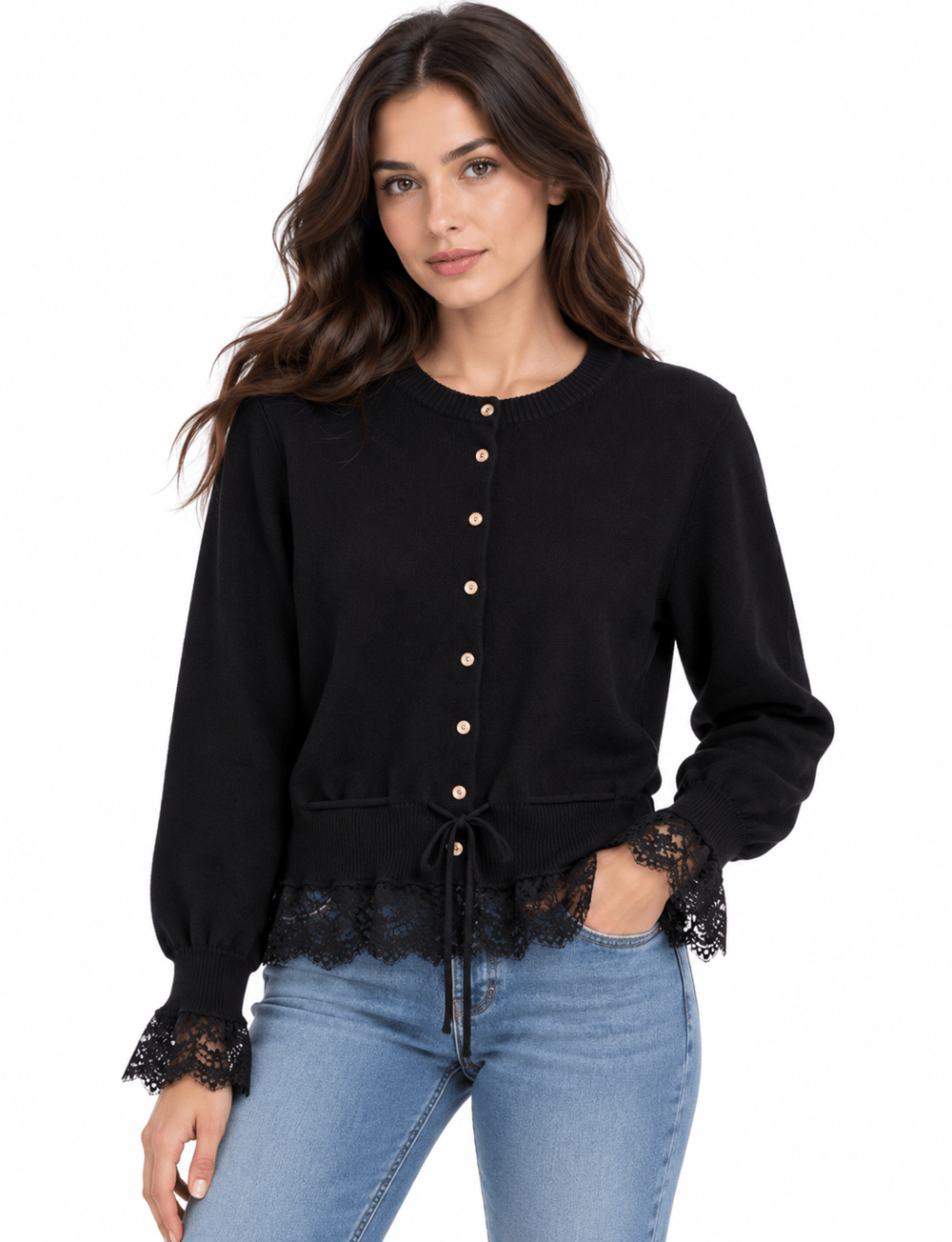 SİYAH DANTEL DETAYLI BELİ İPLİ HIRKA