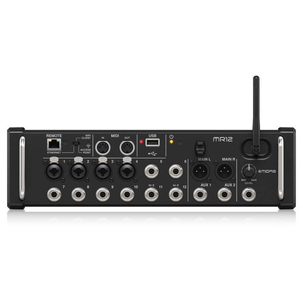 Midas MR12 12 Girişli Dijital Mikser iPad/Android Tabletler için Uygun, 4 Midas PRO Preamp, 8 Hat Girişi, Entegre Wifi Modülü ve USB Stereo Kaydedici