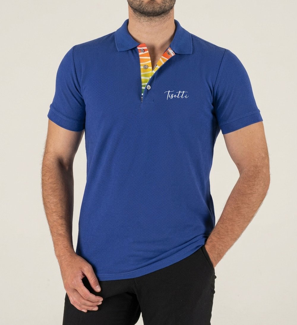 Saks Mavisi Polo Yaka Dijital Patlı Lakost Tişört