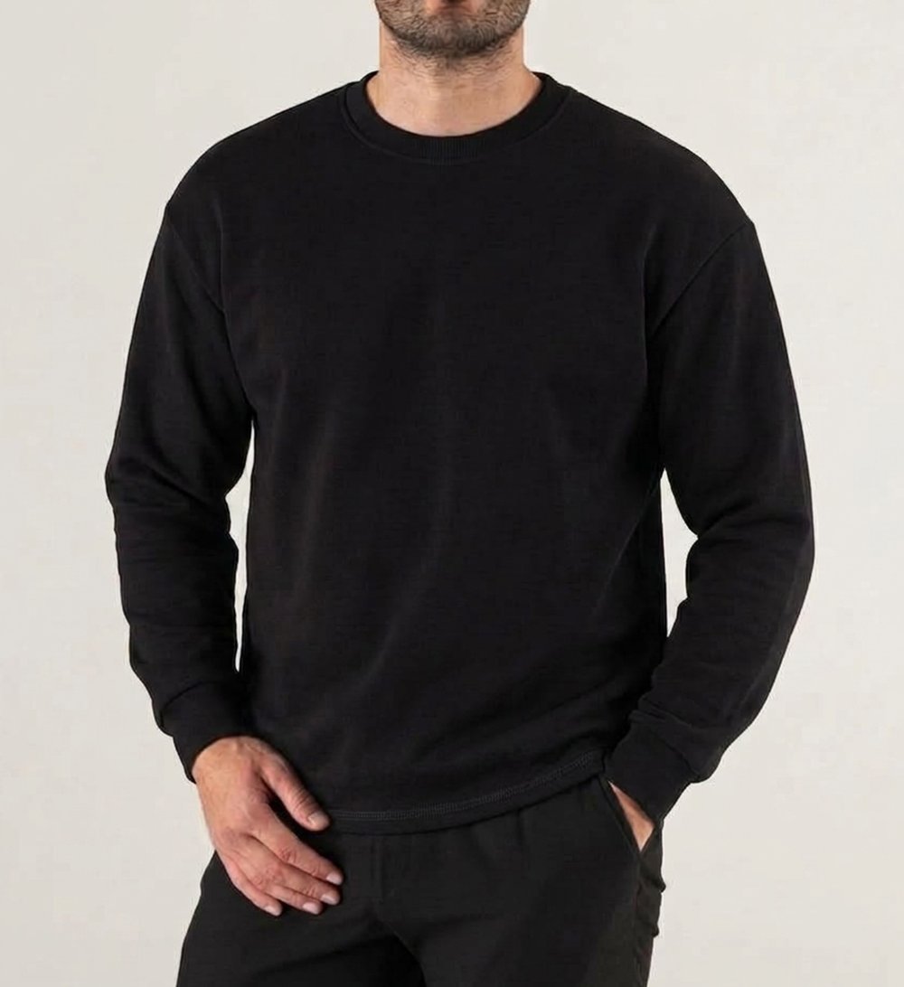 Siyah Sıfır Yaka Baskılı Sweatshirt